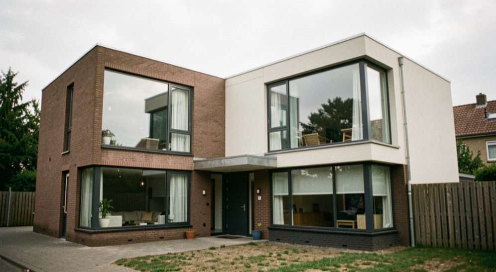 Woning opgebouwd uit twee rechthoekige volumes met een plat dak, grote raamvlakken en een overdekte entree