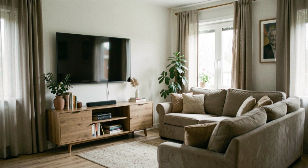 Woonkamer met een groot scherm aan de wand boven een laag dressoir, een bank ertegenover en gordijnen aan de zijkant