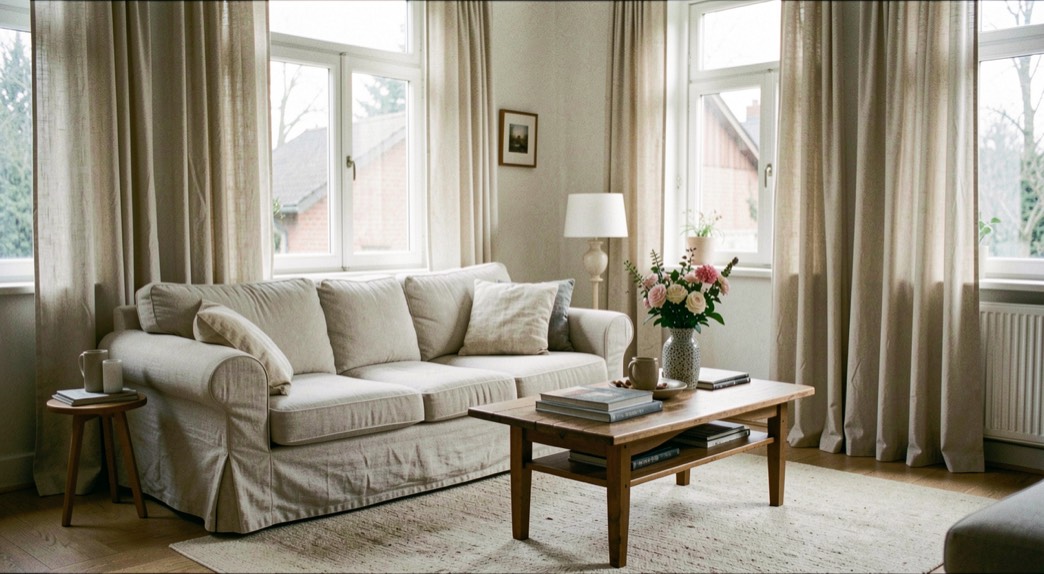 Lichte woonkamer met een linnen bank, een houten salontafel en hoge gordijnen die tot op de vloer vallen