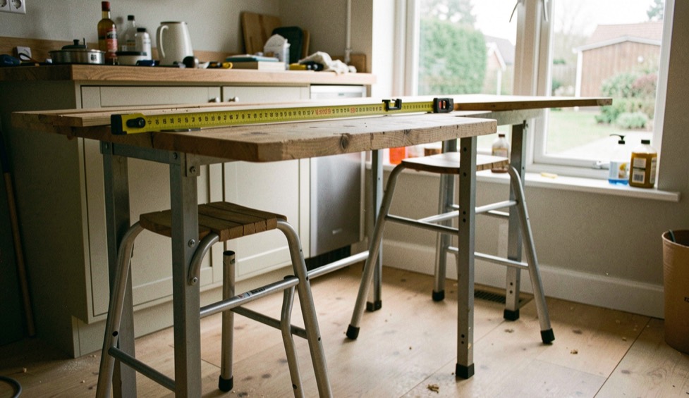 Huisbar in aanbouw met een losliggend blad, een waterpas op het frame en twee krukken die nog niet onder het overstek passen