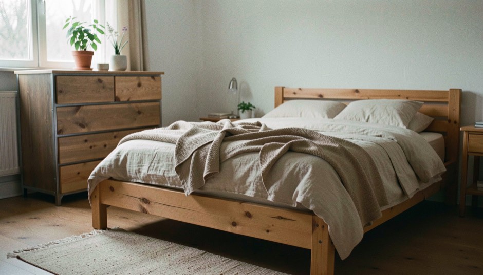 Slaapkamer met een houten bedframe, linnen beddengoed en een ladekast, met materiaalstalen van hout en textiel op het bed