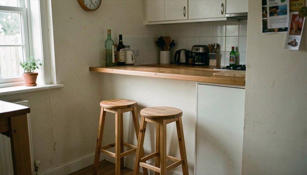 Smalle keuken met een bar van dertig centimeter diep langs de wand en twee lage krukken eronder