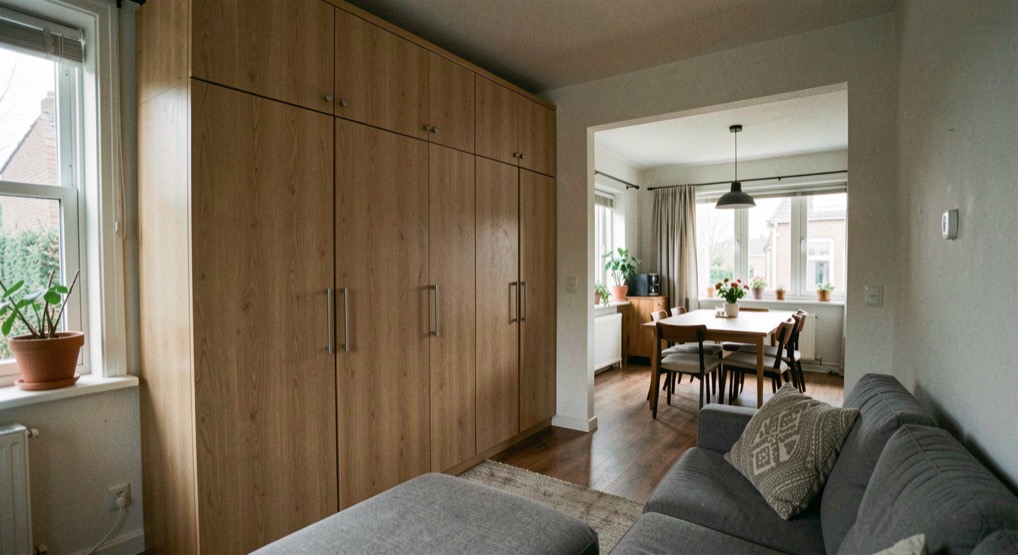Smalle woonkamer met een ingebouwde kastwand tot aan het plafond en een doorbraak naar de eetkamer
