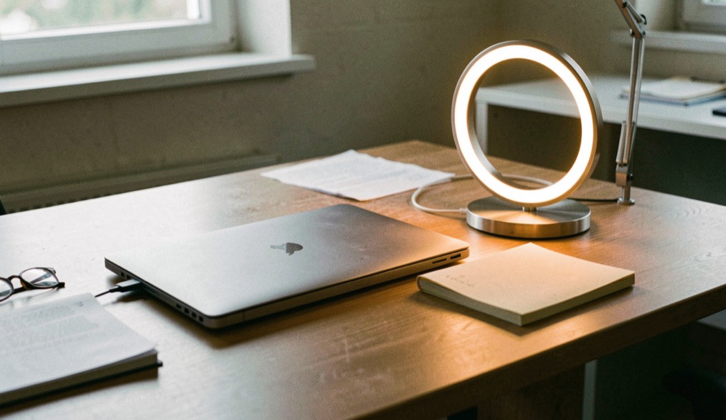 Bureau met een gesloten laptop, een notitieblok en een lamp met een warme lichtkring op het blad