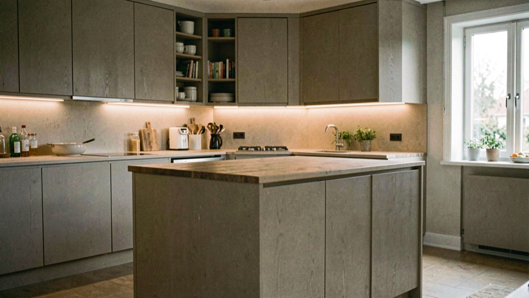 Keuken met een eiland, greeploze onderkasten en werkbladverlichting onder de bovenkasten