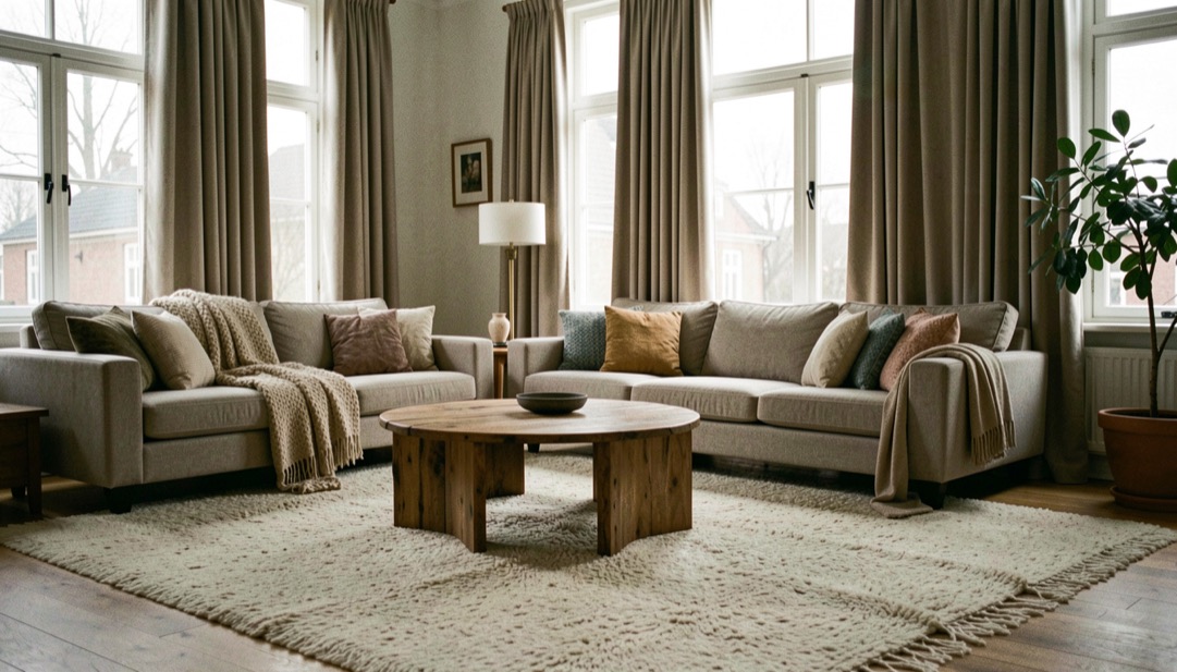 Woonkamer met een lange bank, een groot wollen vloerkleed en hoge gordijnen tot op de vloer