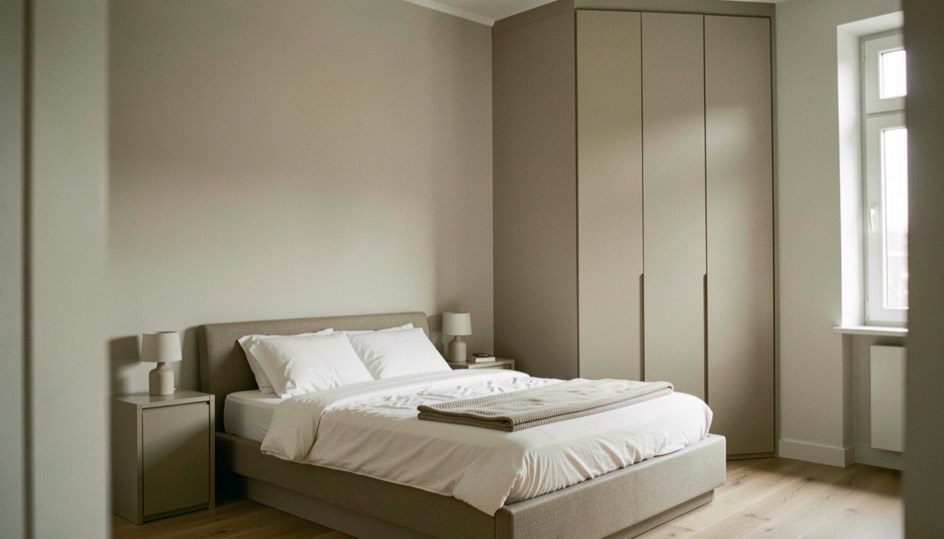Slaapkamer met een laag bed, twee smalle nachtkastjes en een inbouwkast met matte fronten tot aan het plafond